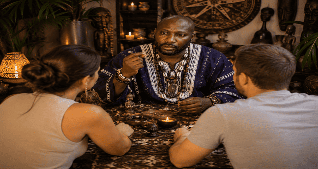 Practitioner and client in conversation during a spiritual consultation.