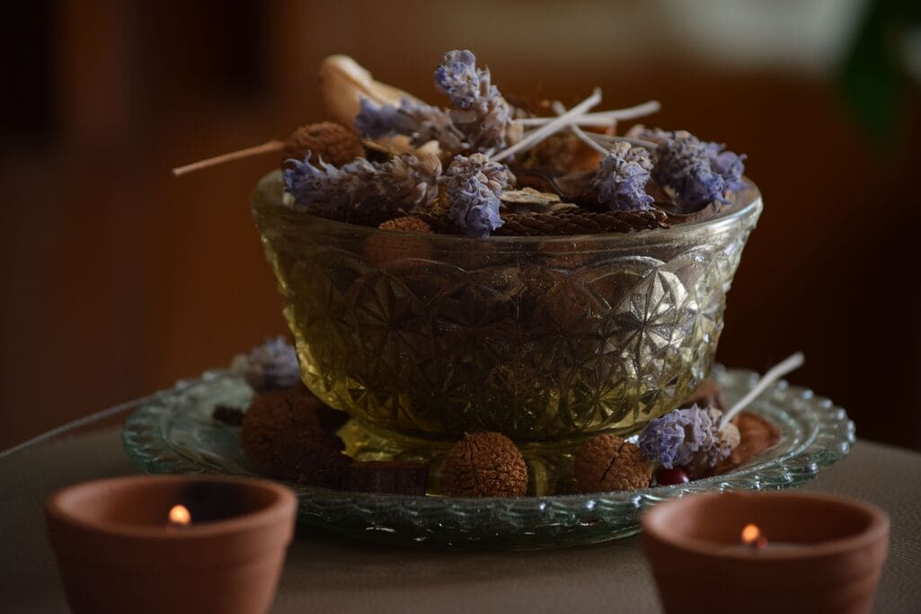 Lavender and chamomile prepared for a calming ritual bath.